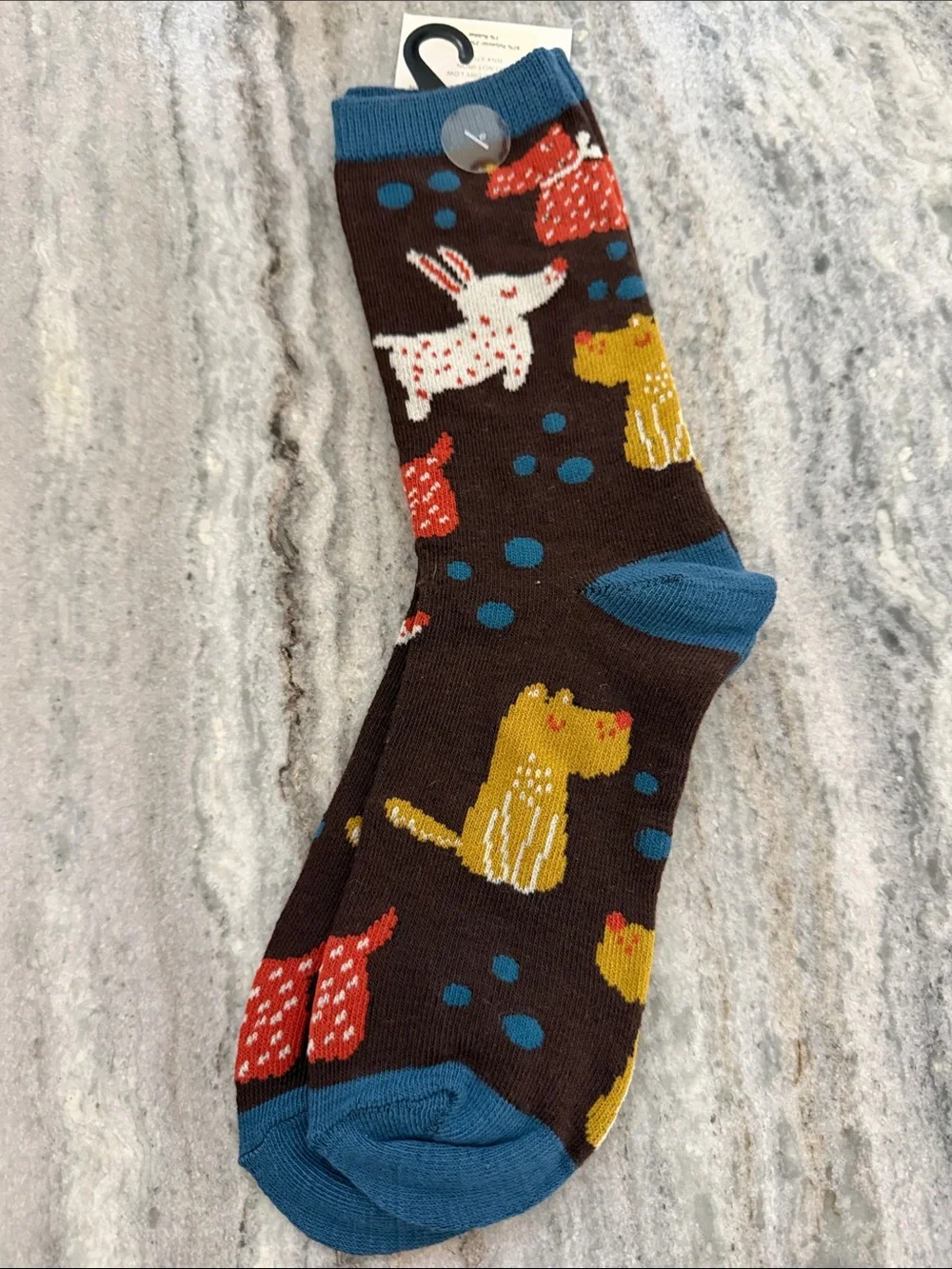 Women’s Brown Novelty Dog Crew Socks - Blue Accent